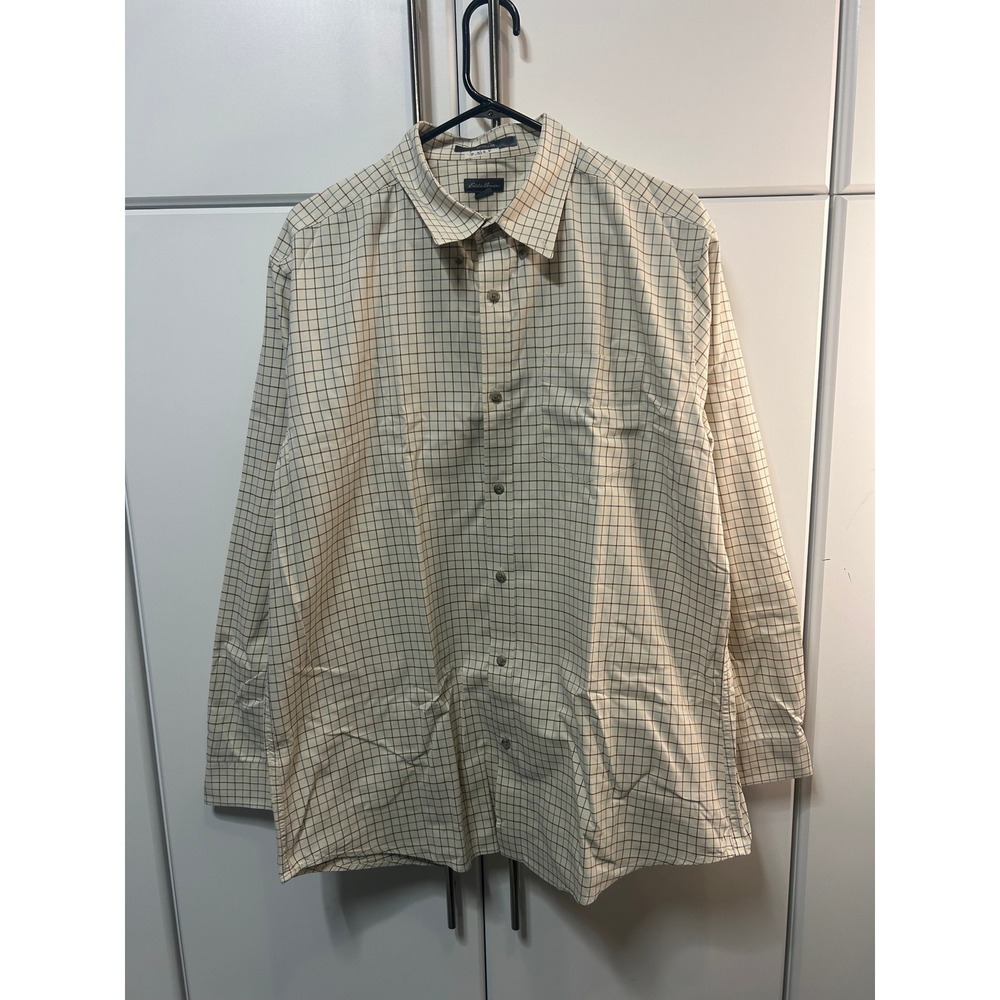 Eddie Bauer Mens Relaxed Fit Windowpane Check Button Down Shirt Cream Large
